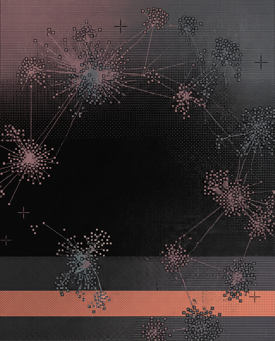 Dithered pixel map of clusters of people joined by thin lines, in mauve, grey and salmon